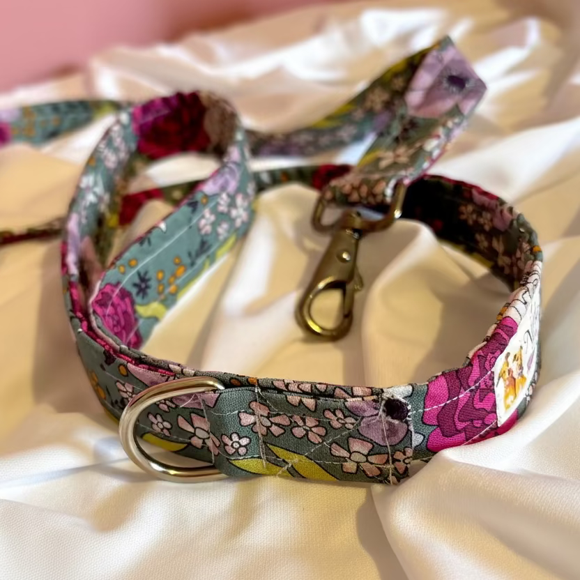 Handmade Green Floral Dog Lead | 1.2m Adjustable Fabric Lead
