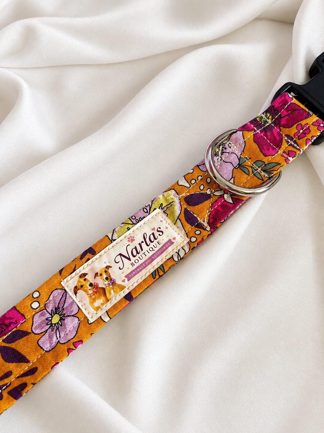 1" Handmade Orange Floral Dog Collar | Strong & Adjustable