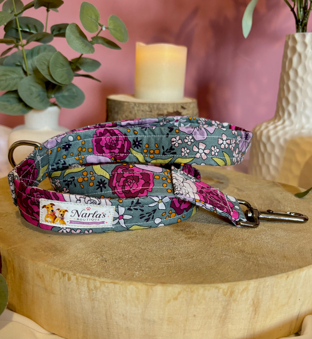 Handmade Green Floral Dog Lead | 1.2m Adjustable Fabric Lead