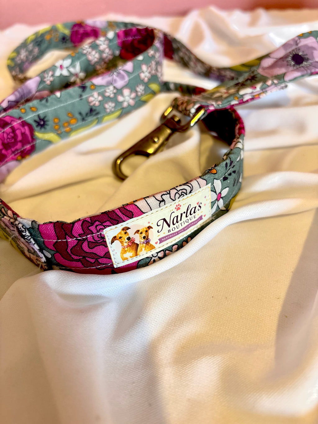 Handmade Green Floral Dog Lead | 1.2m Adjustable Fabric Lead