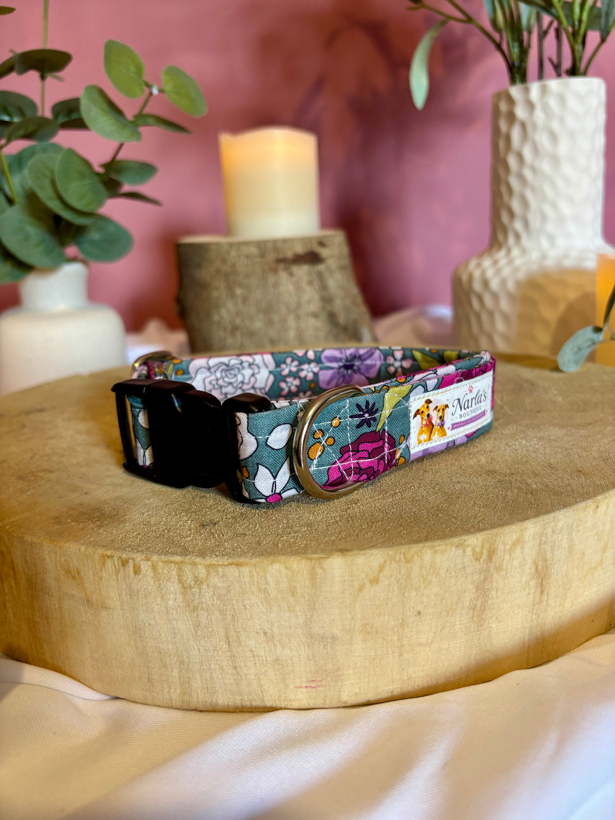 1" Handmade Green Floral Dog Collar | Strong & Adjustable