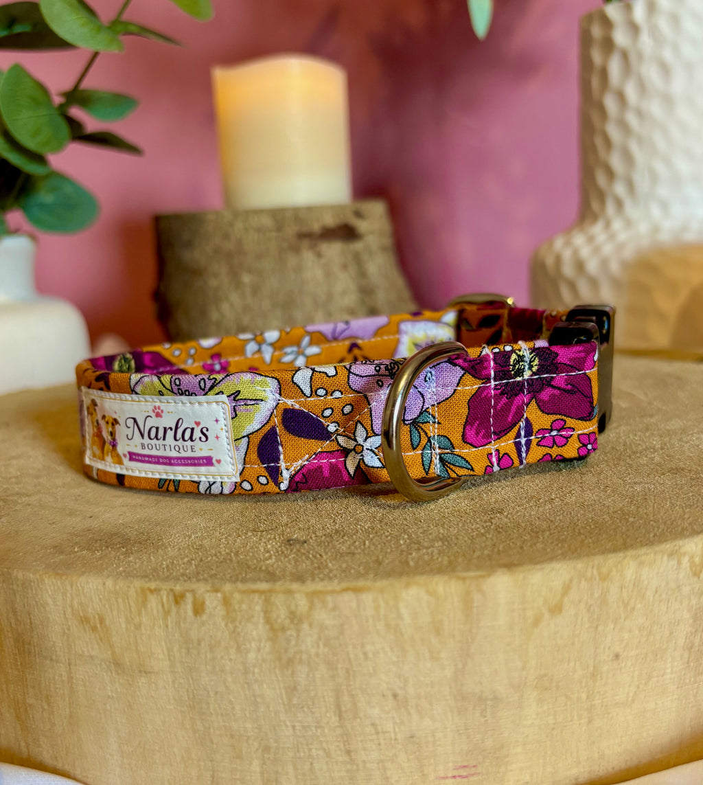 1" Handmade Orange Floral Dog Collar | Strong & Adjustable
