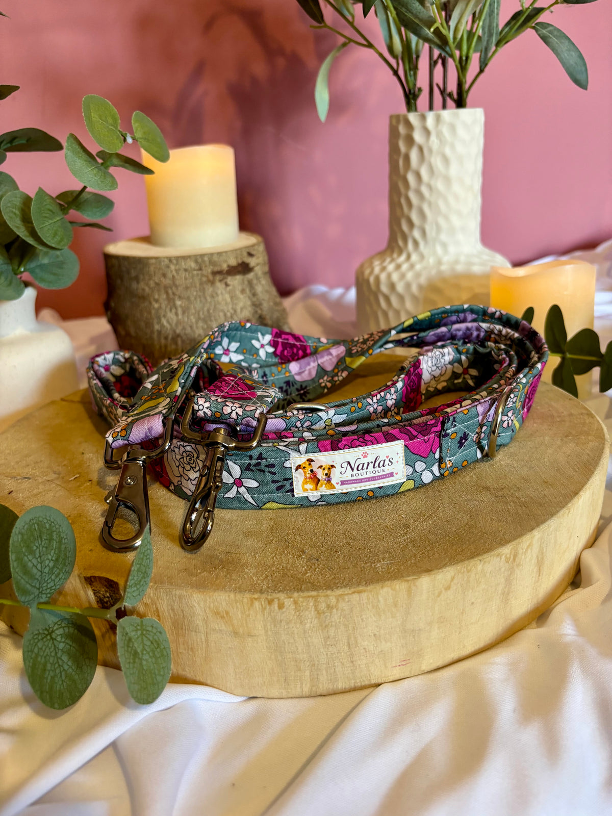 Handmade Green Floral Hands Free Lead | Adjustable Multi-Use Lead | 2–3m