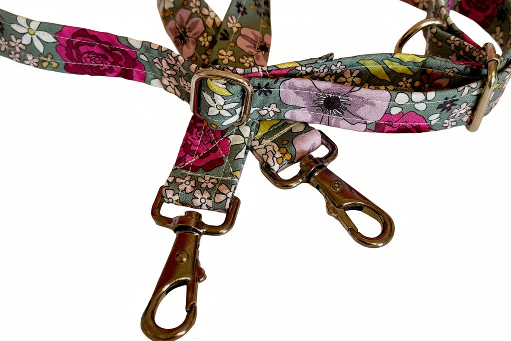 Handmade Green Floral Hands Free Lead | Adjustable Multi-Use Lead | 2–3m
