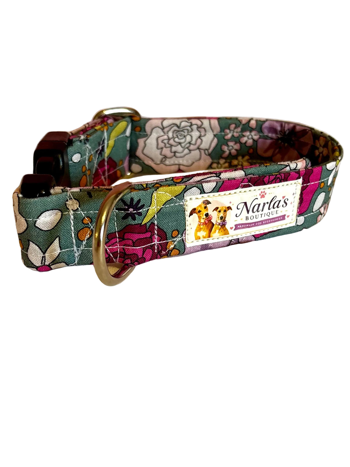 1" Handmade Green Floral Dog Collar | Strong & Adjustable