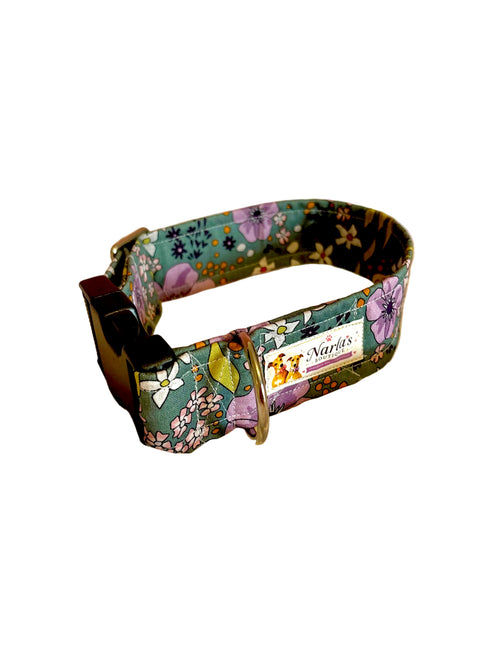1.5" Handmade Green Floral Dog Collar | Strong & Adjustable