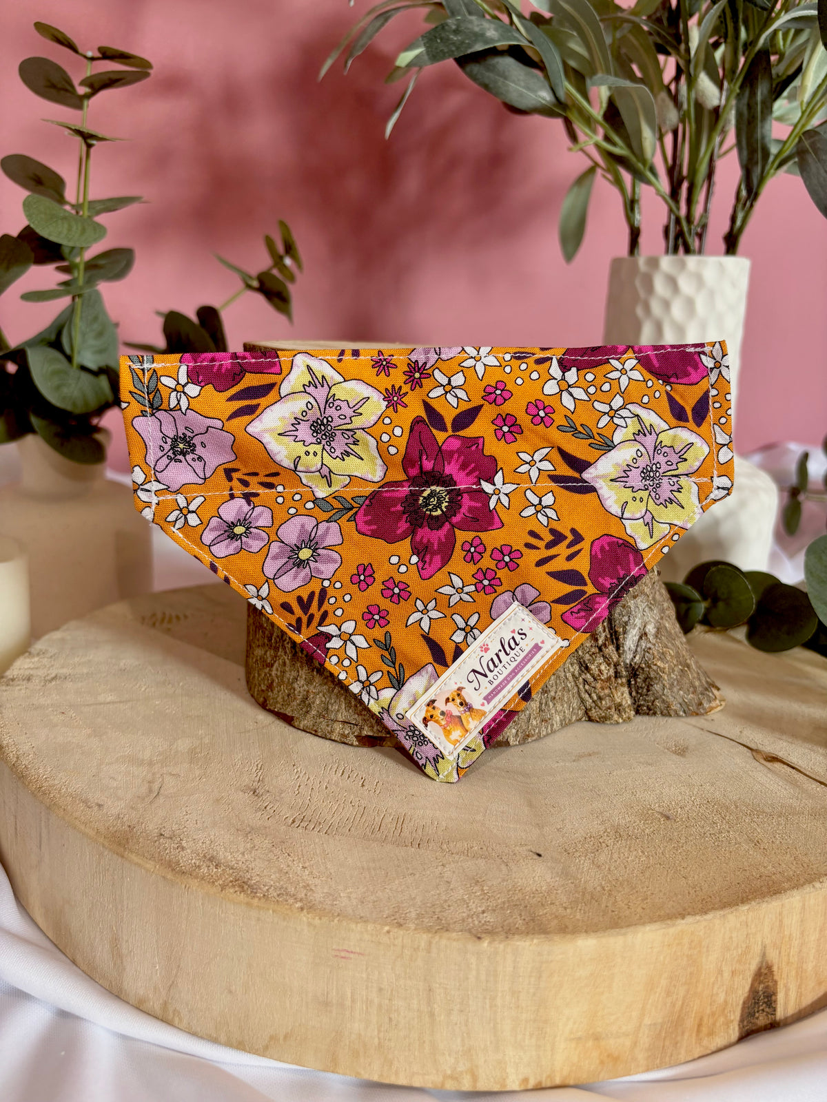 Orange Floral Bandana| Handmade Collar Slide-On Bandana