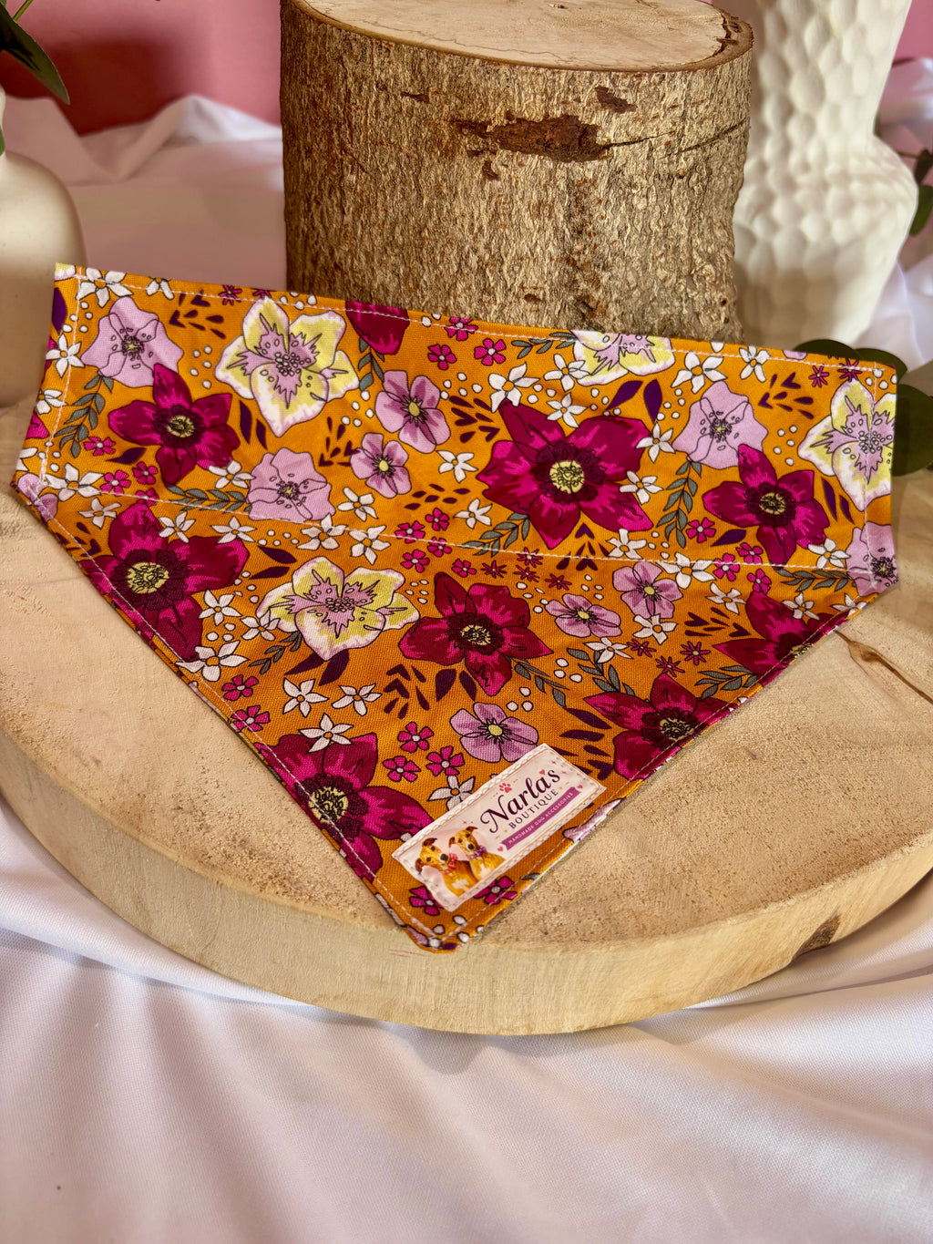 Orange Floral Bandana| Handmade Collar Slide-On Bandana