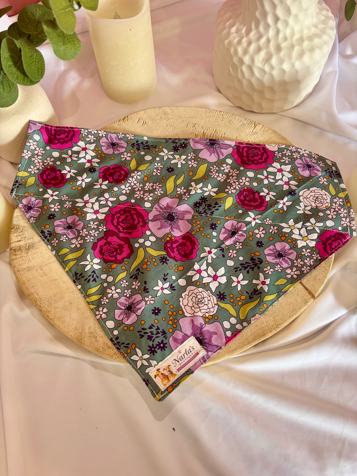 Green Floral Bandana| Handmade Collar Slide-On Bandana